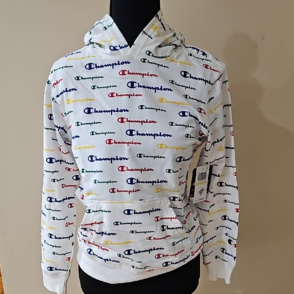 Boy- New Champion White Hoodie with Colorful Logos